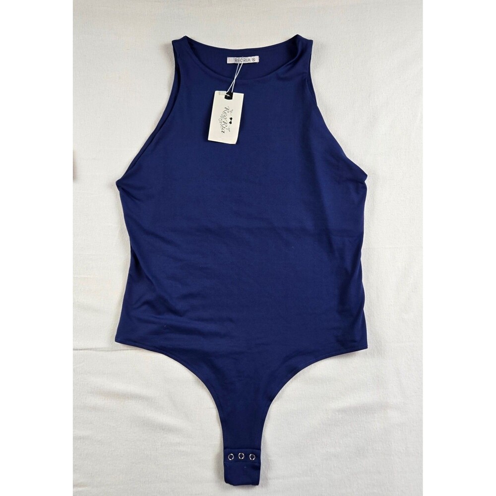 NWT REORIA Womens XL Double Lined Bodysuit Blue Sleeveless Stretch Halter Tank